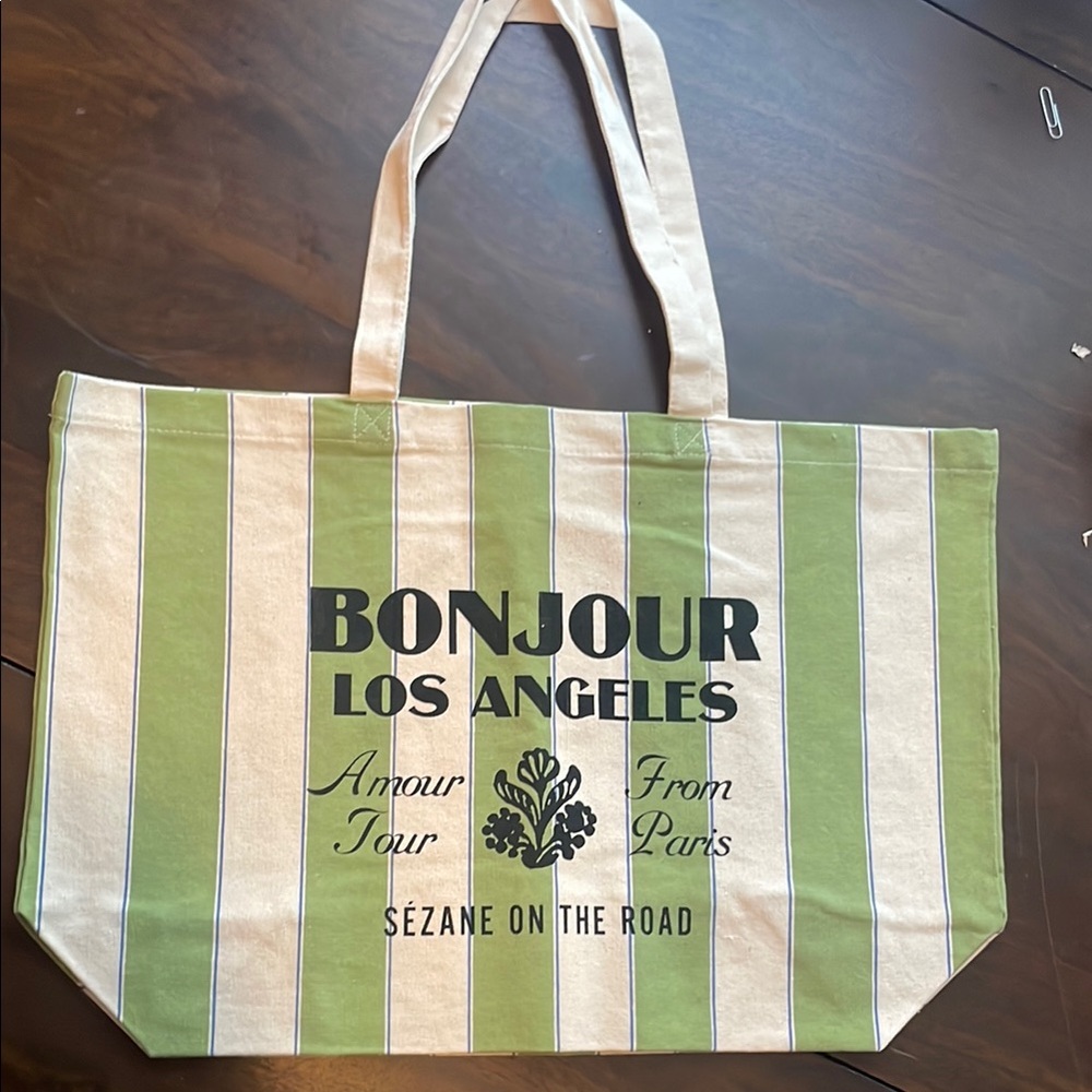 Sézane Green and Cream Striped Tote Bag